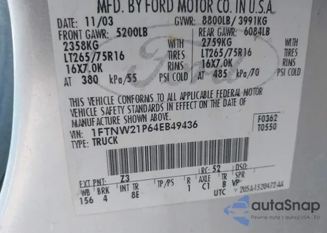 2004 Ford F-250 Lariat/Xl/Xlt из США, поврежденный, VIN 1FTNW21P64EB49436